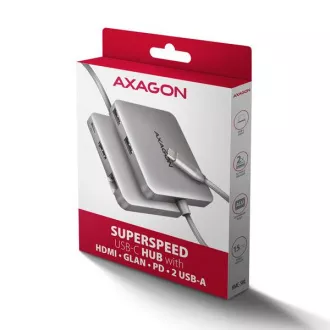 AXAGON HMC-5HL USB 5Gbps hub, 2x USB-A, HDMI 4k/60Hz, RJ-45 GLAN, PD 100W, USB-C kabel 20cm
