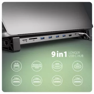 AXAGON HMC-10HLS, USB 5Gbps hub, 4x USB-A, HDMI 4k/60Hz, RJ-45 GLAN, SD/mSD, PD 100W, USB-C kabel 25cm