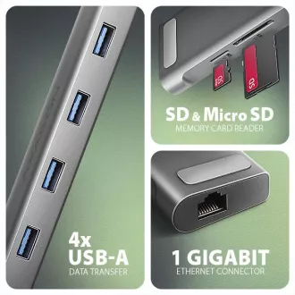 AXAGON HMC-10HLS, USB 5Gbps hub, 4x USB-A, HDMI 4k/60Hz, RJ-45 GLAN, SD/mSD, PD 100W, USB-C kabel 25cm