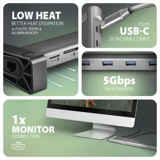 AXAGON HMC-10HLS, USB 5Gbps hub, 4x USB-A, HDMI 4k/60Hz, RJ-45 GLAN, SD/mSD, PD 100W, USB-C kabel 25cm