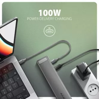 AXAGON HMC-10HLS, USB 5Gbps hub, 4x USB-A, HDMI 4k/60Hz, RJ-45 GLAN, SD/mSD, PD 100W, USB-C kabel 25cm