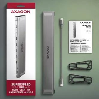 AXAGON HMC-10HLS, USB 5Gbps hub, 4x USB-A, HDMI 4k/60Hz, RJ-45 GLAN, SD/mSD, PD 100W, USB-C kabel 25cm