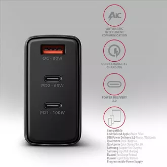 AXAGON ACU-DPQ100, GaN mrežni punjač 100W, 3x port (USB-A + dual USB-C), PD3.0/PPS/QC4+/Apple, crni AXAGON ACU-DPQ100, GaN mrežni punjač 100W, 3x port (USB-A + dual USB-C), PD3.0/PPS/QC4+/Apple, crni