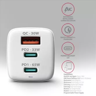 AXAGON ACU-DPQ65W, GaN mrežni punjač 65W, 3x port (USB-A + dual USB-C), PD3.0/QC4+/PPS/Apple, bijeli AXAGON ACU-DPQ65W, GaN mrežni punjač 65W, 3x port (USB-A + dual USB-C), PD3.0/QC4+/PPS/Apple, bijeli