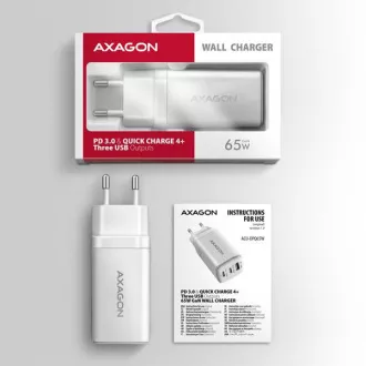 AXAGON ACU-DPQ65W, GaN mrežni punjač 65W, 3x port (USB-A + dual USB-C), PD3.0/QC4+/PPS/Apple, bijeli AXAGON ACU-DPQ65W, GaN mrežni punjač 65W, 3x port (USB-A + dual USB-C), PD3.0/QC4+/PPS/Apple, bijeli