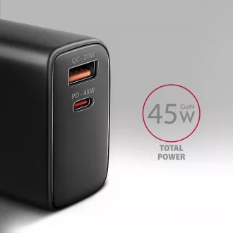 AXAGON ACU-PQ45 GaN mrežni punjač 45W, 2x porta (USB-A + USB-C), PD3.0/PPS/QC4+/SFC 2.0/AFC/Apple