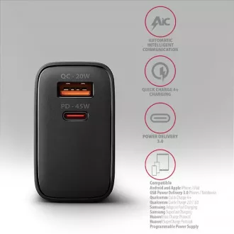 AXAGON ACU-PQ45 GaN mrežni punjač 45W, 2x porta (USB-A + USB-C), PD3.0/PPS/QC4+/SFC 2.0/AFC/Apple