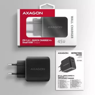 AXAGON ACU-PQ45 GaN mrežni punjač 45W, 2x porta (USB-A + USB-C), PD3.0/PPS/QC4+/SFC 2.0/AFC/Apple