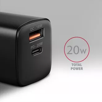 AXAGON ACU-PQ20, mrežni punjač 20W, 2x porta (USB-A + USB-C), PD3.0/PPS/QC4+/AFC/Apple, crni AXAGON ACU-PQ20, mrežni punjač 20W, 2x porta (USB-A + USB-C), PD3.0/PPS/QC4+/AFC/Apple, crni