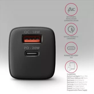 AXAGON ACU-PQ20, mrežni punjač 20W, 2x porta (USB-A + USB-C), PD3.0/PPS/QC4+/AFC/Apple, crni AXAGON ACU-PQ20, mrežni punjač 20W, 2x porta (USB-A + USB-C), PD3.0/PPS/QC4+/AFC/Apple, crni