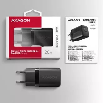 AXAGON ACU-PQ20, mrežni punjač 20W, 2x porta (USB-A + USB-C), PD3.0/PPS/QC4+/AFC/Apple, crni AXAGON ACU-PQ20, mrežni punjač 20W, 2x porta (USB-A + USB-C), PD3.0/PPS/QC4+/AFC/Apple, crni