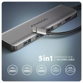 AXAGON HMC-5H, USB 5Gbps hub, 3x USB-A, HDMI 4k/30Hz, PD 100W, USB-C kabel 100cm