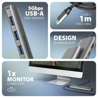 AXAGON HMC-5H, USB 5Gbps hub, 3x USB-A, HDMI 4k/30Hz, PD 100W, USB-C kabel 100cm