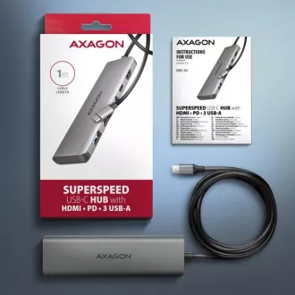 AXAGON HMC-5H, USB 5Gbps hub, 3x USB-A, HDMI 4k/30Hz, PD 100W, USB-C kabel 100cm