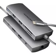AXAGON HMC-8HLSA, USB 5Gbps hub, 3x USB-A, HDMI 4k/60Hz, RJ-45 GLAN, SD/microSD, audio, PD 100W, USB-C kabel 20cm
