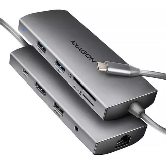 AXAGON HMC-8HLSA, USB 5Gbps hub, 3x USB-A, HDMI 4k/60Hz, RJ-45 GLAN, SD/microSD, audio, PD 100W, USB-C kabel 20cm
