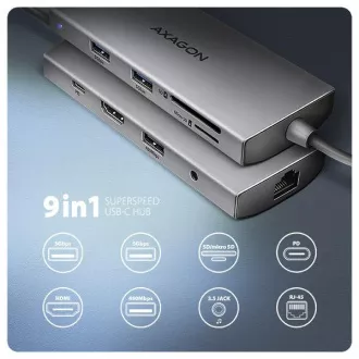 AXAGON HMC-8HLSA, USB 5Gbps hub, 3x USB-A, HDMI 4k/60Hz, RJ-45 GLAN, SD/microSD, audio, PD 100W, USB-C kabel 20cm