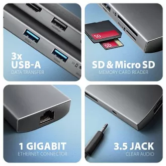 AXAGON HMC-8HLSA, USB 5Gbps hub, 3x USB-A, HDMI 4k/60Hz, RJ-45 GLAN, SD/microSD, audio, PD 100W, USB-C kabel 20cm
