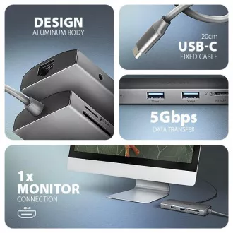 AXAGON HMC-8HLSA, USB 5Gbps hub, 3x USB-A, HDMI 4k/60Hz, RJ-45 GLAN, SD/microSD, audio, PD 100W, USB-C kabel 20cm