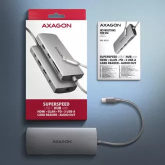 AXAGON HMC-8HLSA, USB 5Gbps hub, 3x USB-A, HDMI 4k/60Hz, RJ-45 GLAN, SD/microSD, audio, PD 100W, USB-C kabel 20cm
