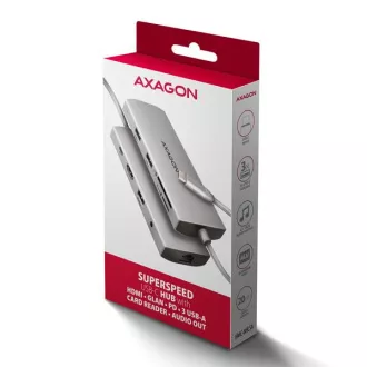 AXAGON HMC-8HLSA, USB 5Gbps hub, 3x USB-A, HDMI 4k/60Hz, RJ-45 GLAN, SD/microSD, audio, PD 100W, USB-C kabel 20cm