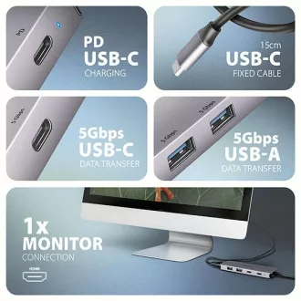 AXAGON HMC-5H60, USB 5Gbps hub, portovi 2x USB-A, 1x USB-C, HDMI 4k/60, PD 100W, USB-C kabel 15cm