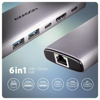 AXAGON HMC-6G2L, USB 10Gb/s hub, 2x USB-A, 1x USB-C, HDMI 4k/60, RJ-45, PD 100W, USB-C kabel 15cm AXAGON HMC-6G2L, USB 10Gb/s hub, 2x USB-A, 1x USB-C, HDMI 4k/60, RJ-45, PD 100W, USB-C kabel 15cm