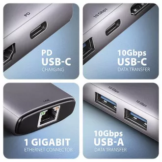 AXAGON HMC-6G2L, USB 10Gb/s hub, 2x USB-A, 1x USB-C, HDMI 4k/60, RJ-45, PD 100W, USB-C kabel 15cm AXAGON HMC-6G2L, USB 10Gb/s hub, 2x USB-A, 1x USB-C, HDMI 4k/60, RJ-45, PD 100W, USB-C kabel 15cm