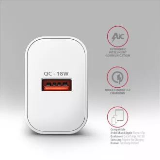 AXAGON ACU-QC18W, mrežni punjač 18W, 1x USB-A port, QC3.0/AFC/Apple, bijeli
