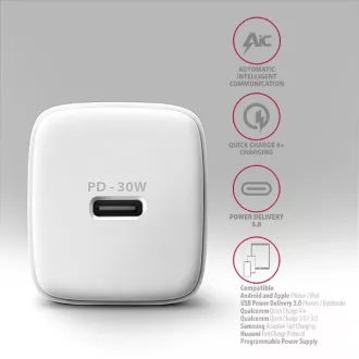 AXAGON ACU-PD30W, Sil mrežni punjač 30W, 1x USB-C port, PD3.0/PPS/QC4+/SFC/AFC/Apple, bijeli