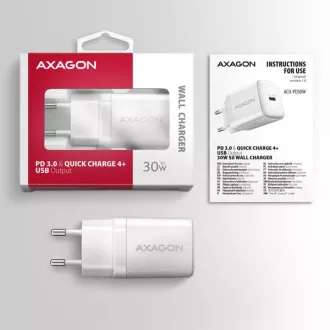 AXAGON ACU-PD30W, Sil mrežni punjač 30W, 1x USB-C port, PD3.0/PPS/QC4+/SFC/AFC/Apple, bijeli
