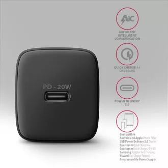 AXAGON ACU-PD20, mrežni punjač 20W, 1x USB-C port, PD3.0/PPS/QC4+/AFC/Apple, crni