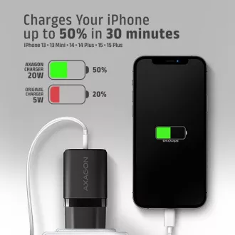 AXAGON ACU-PD20, mrežni punjač 20W, 1x USB-C port, PD3.0/PPS/QC4+/AFC/Apple, crni