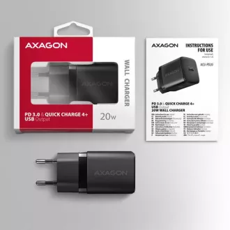 AXAGON ACU-PD20, mrežni punjač 20W, 1x USB-C port, PD3.0/PPS/QC4+/AFC/Apple, crni