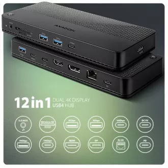 AXAGON HMC-U4, USB4 40Gbps dock, 3x USB-A, 2x USB-C, HDMI & DP 8K/30Hz, RJ-45, SD/mSD, audio, PD 100W, USB-C kabel 80cm AXAGON HMC-U4, USB4 40Gbps dock, 3x USB-A, 2x USB-C, HDMI & DP 8K/30Hz, RJ-45, SD/mSD, audio, PD 100W, USB-C kabel 80cm