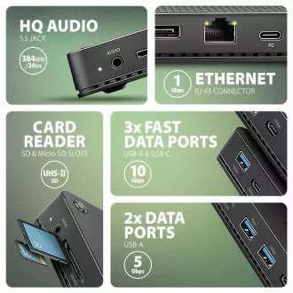 AXAGON HMC-U4, USB4 40Gbps dock, 3x USB-A, 2x USB-C, HDMI & DP 8K/30Hz, RJ-45, SD/mSD, audio, PD 100W, USB-C kabel 80cm AXAGON HMC-U4, USB4 40Gbps dock, 3x USB-A, 2x USB-C, HDMI & DP 8K/30Hz, RJ-45, SD/mSD, audio, PD 100W, USB-C kabel 80cm
