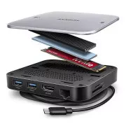 AXAGON HMC-UFO, USB 10Gbps hub, 2x USB-A, USB-C, HDMI 4k/60, RJ-45, M.2 utor, SD/mSD, audio, PD 100W, USB-C kabel 65cm