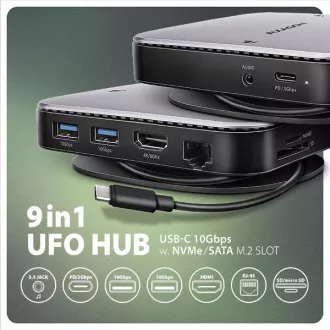 AXAGON HMC-UFO, USB 10Gbps hub, 2x USB-A, USB-C, HDMI 4k/60, RJ-45, M.2 utor, SD/mSD, audio, PD 100W, USB-C kabel 65cm AXAGON HMC-UFO, USB 10Gbps hub, 2x USB-A, USB-C, HDMI 4k/60, RJ-45, M.2 utor, SD/mSD, audio, PD 100W, USB-C kabel 65cm