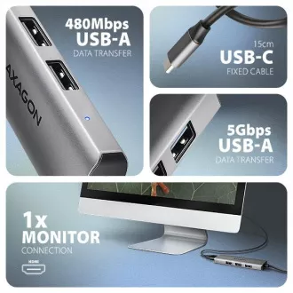AXAGON HMC-H3A, USB 5Gbps hub, 3x USB-A, HDMI 4k/30Hz, USB-C kabel 15cm