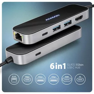 AXAGON HMC-6GLN, USB 5Gbps hub, 2x USB-A, USB-C, HDMI 4k/60Hz, RJ-45 GLAN, PD 100W, USB-C kabel 20cm