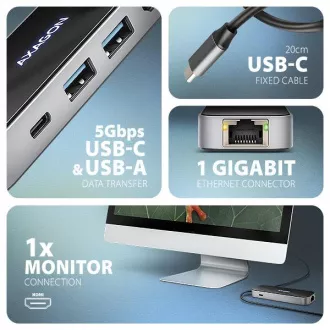 AXAGON HMC-6GLN, USB 5Gbps hub, 2x USB-A, USB-C, HDMI 4k/60Hz, RJ-45 GLAN, PD 100W, USB-C kabel 20cm