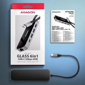 AXAGON HMC-6GLN, USB 5Gbps hub, 2x USB-A, USB-C, HDMI 4k/60Hz, RJ-45 GLAN, PD 100W, USB-C kabel 20cm