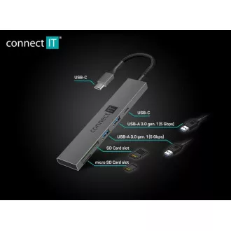 CONNECT IT USB-C hub, 2x USB-A, 1x USB-C, 1x SD kartica, 1x MicroSD kartica, siva