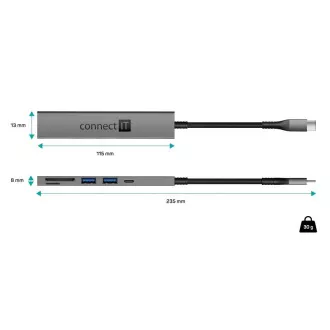 CONNECT IT USB-C hub, 2x USB-A, 1x USB-C, 1x SD kartica, 1x MicroSD kartica, siva