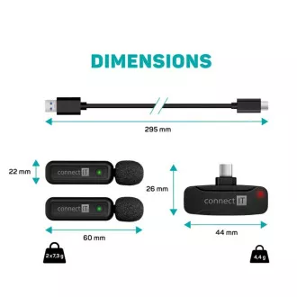 CONNECT IT ClipMic mikrofon, 2x bežični lavalier mikrofon s prijemnikom, USB-C priključak, crni