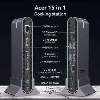 ACER 15u1 USB Type-C Univerzalna mini-priključna stanica: Sučelje glavnog računala: USB-C, 2x USB-A 2.0, 1x USB-A 3.2 Gen2, 1x USB-A 3.2 Gen1, 1