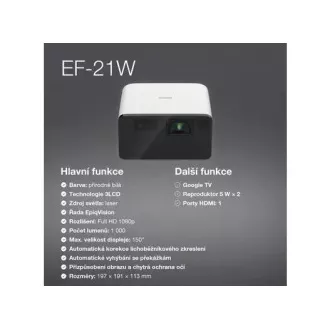 EPSON projektor EF-21W, Full HD, laser, 5.000.000:1, USB 2.0, HDMI, Miracast, 3.5mm Jack, 5W zvučnik EPSON projektor EF-21W, Full HD, laser, 5.000.000:1, USB 2.0, HDMI, Miracast, 3.5mm Jack, 5W zvučnik