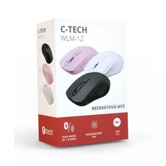 C-TECH miš Dual mode WLM-12PK, bežični, 1600DPI, 6 tipki, roza, USB nano receiver