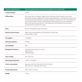 HPE Networking Instant On Switch 8p Gigabit CL4 PoE 65 W (bez ventilatora) 1830 (JL811A) HPE Networking Instant On Switch 8p Gigabit CL4 PoE 65 W (bez ventilatora) 1830 (JL811A)