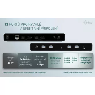 i-tec univerzalna priključna stanica s dva 4K zaslona, isporuka snage 85 W